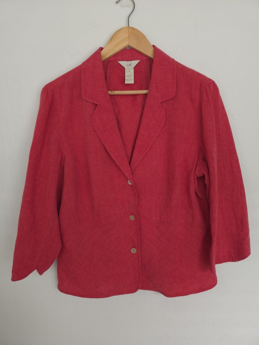 J Jill Vintage 2005 100% Linen Blazer Jacket Rhubarb Red 3 Button 3/4 Sleeve